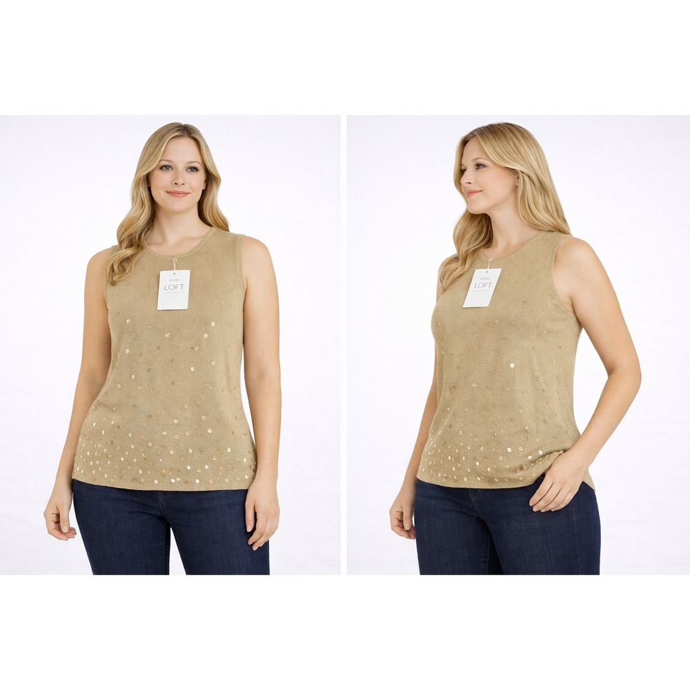 Ann Taylor LOFT Women Sweater Small Beige Sleeveless Sequin Knit Top Minimalist‎